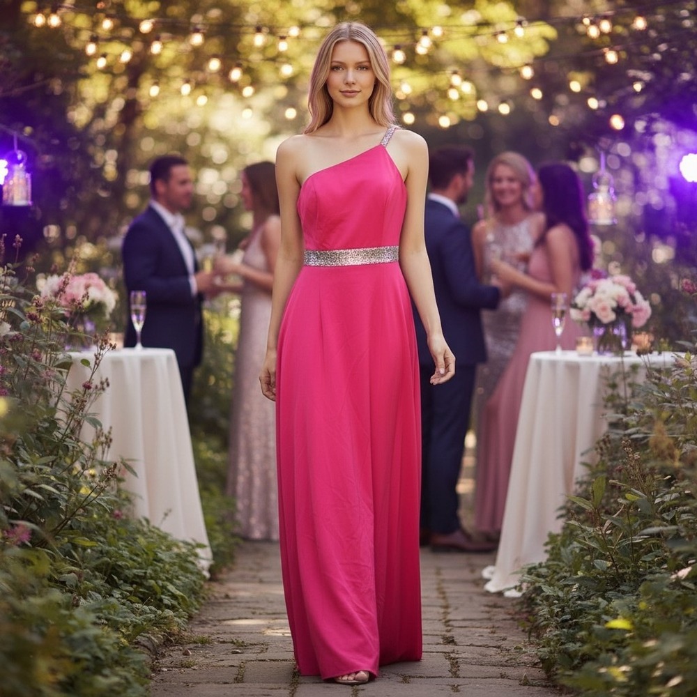 NEW Fashion Nova Ella Embellished Maxi Dress Women L Neon Pink Rhinestone Cutout